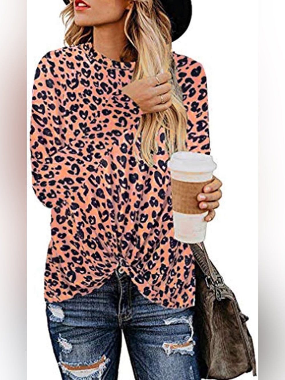 Women’s Size L Leopard-Print Long Sleeve Knot Front Top